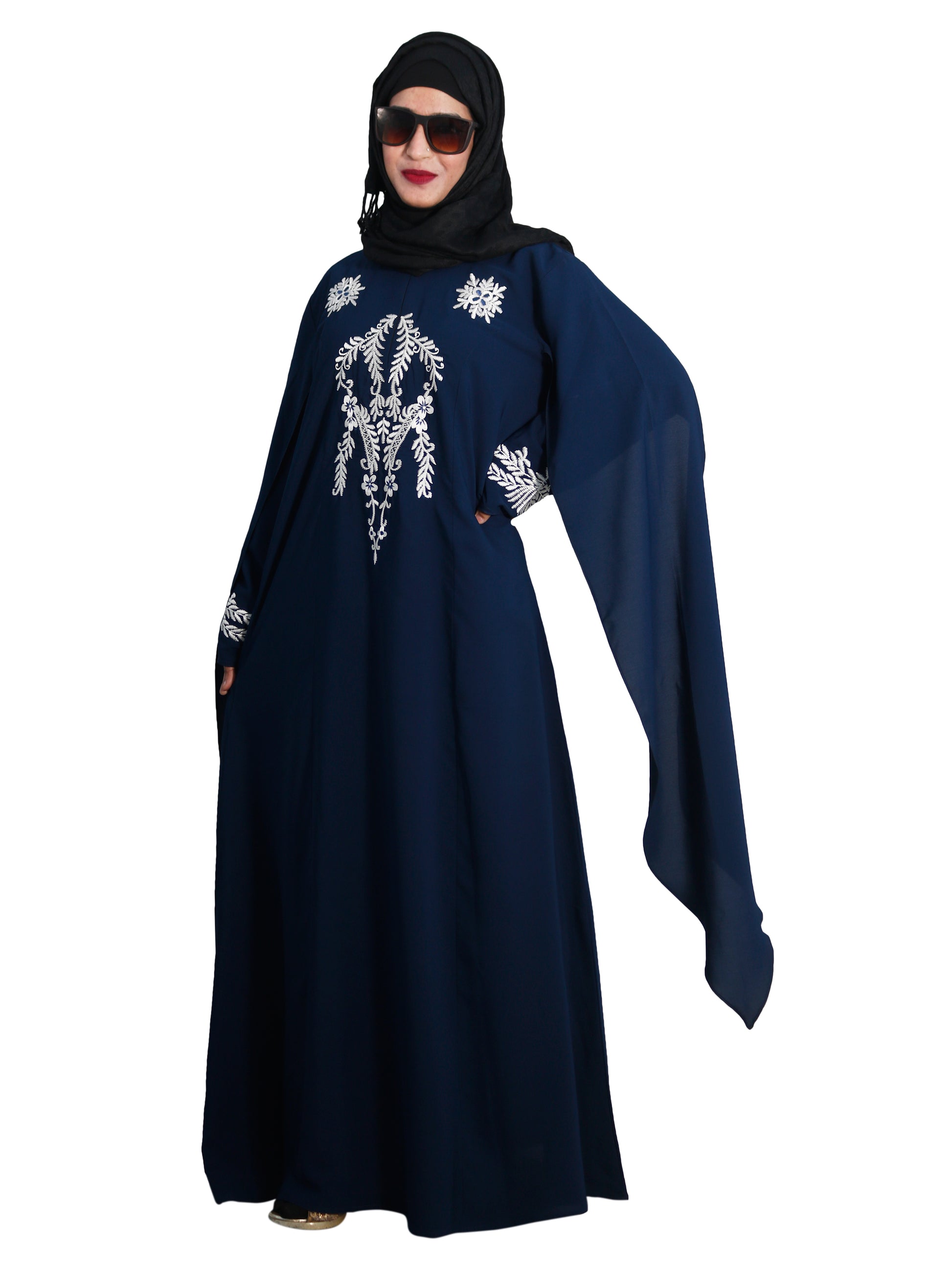 Beautiful Self Design Blue Embroidered Art Silk Abaya With Hijab_0608