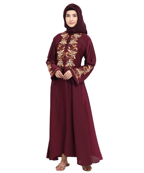 Beautiful Self Design Maroon Art Silk Abaya With Hijab_0809