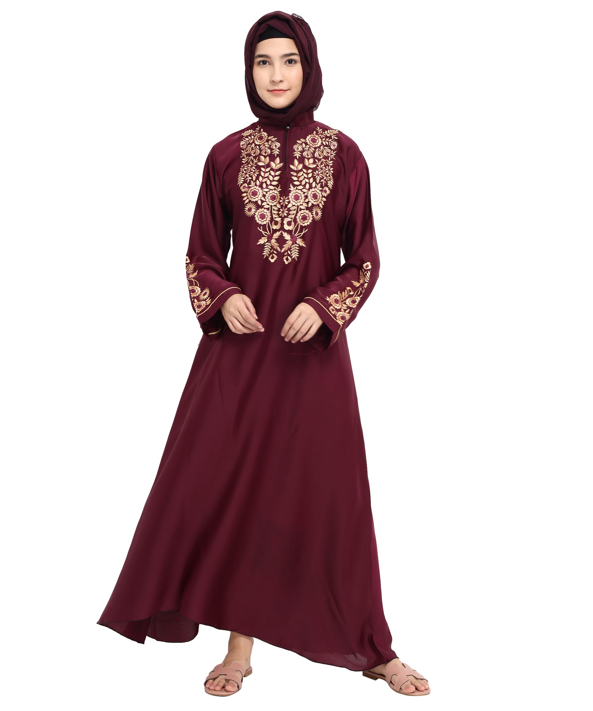 Beautiful Self Design Maroon Art Silk Abaya With Hijab_0810