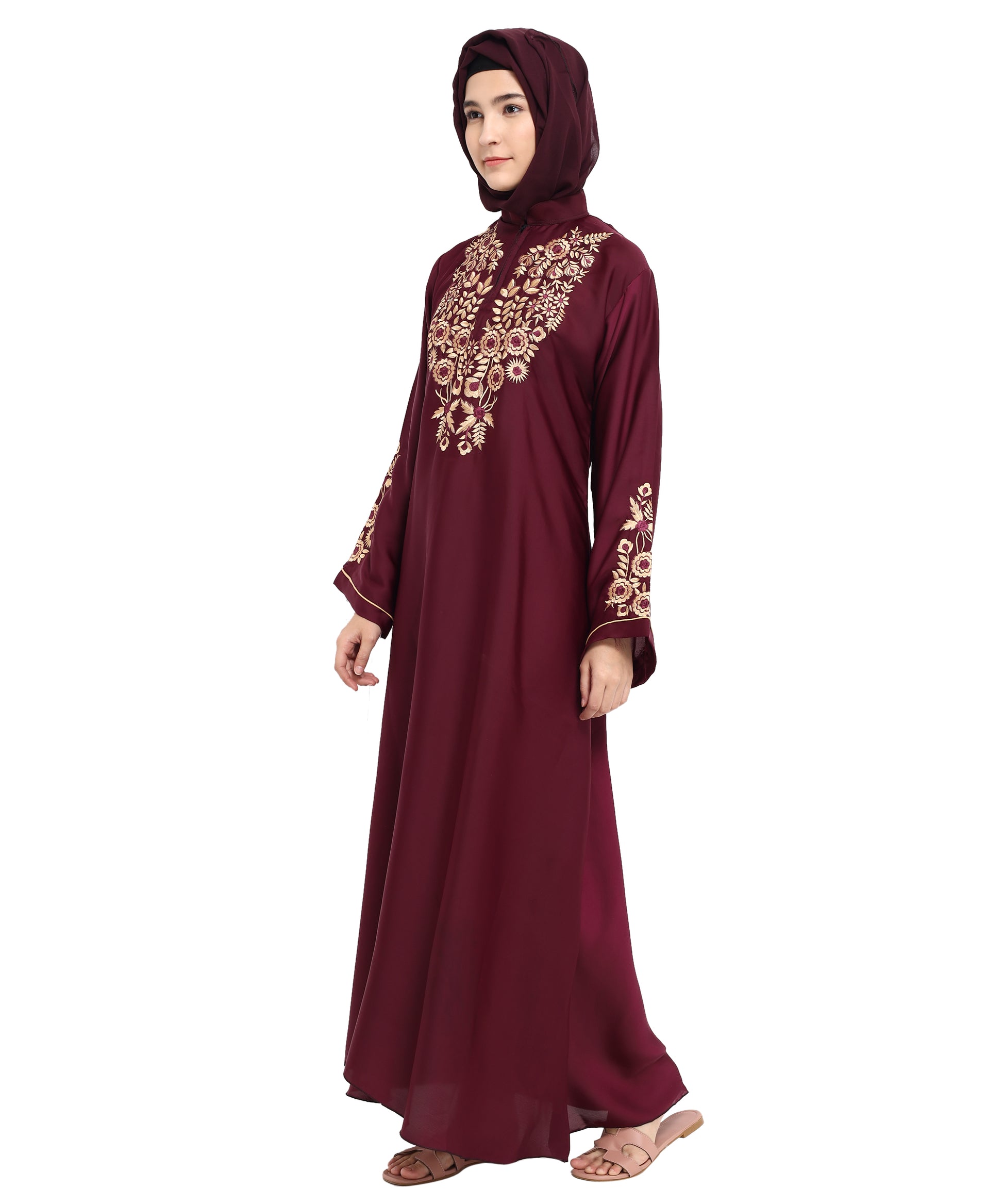 Beautiful Self Design Maroon Art Silk Abaya With Hijab_0810