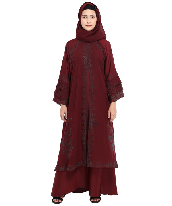 Beautiful Self Design Maroon Art Silk Abaya With Hijab_0819