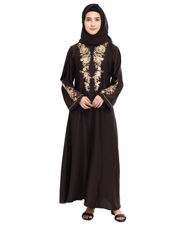 Beautiful Self Design Brown Art Silk Abaya With Hijab_0820