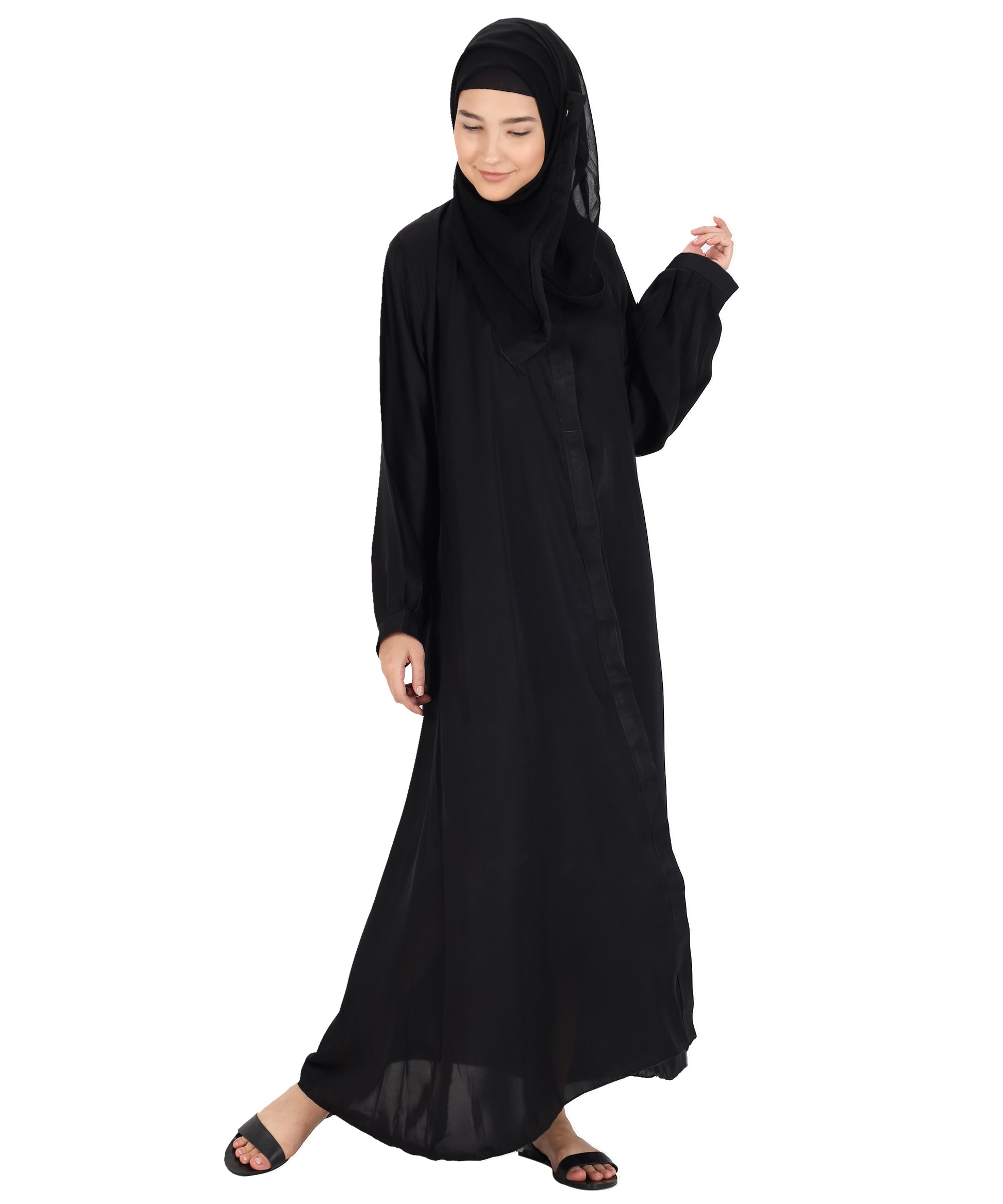 Beautiful Self Design Black Art Silk Abaya With Hijab_0824