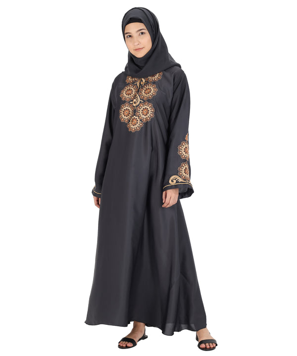 Beautiful Self Design Grey Art Silk Abaya With Hijab_0827