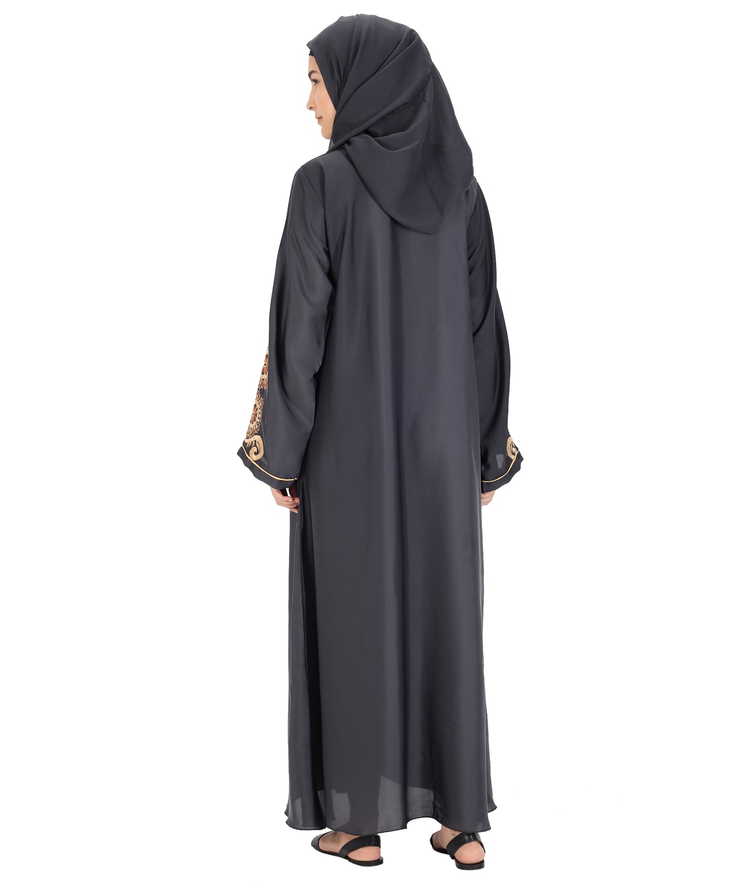 Beautiful Self Design Grey Art Silk Abaya With Hijab_0827