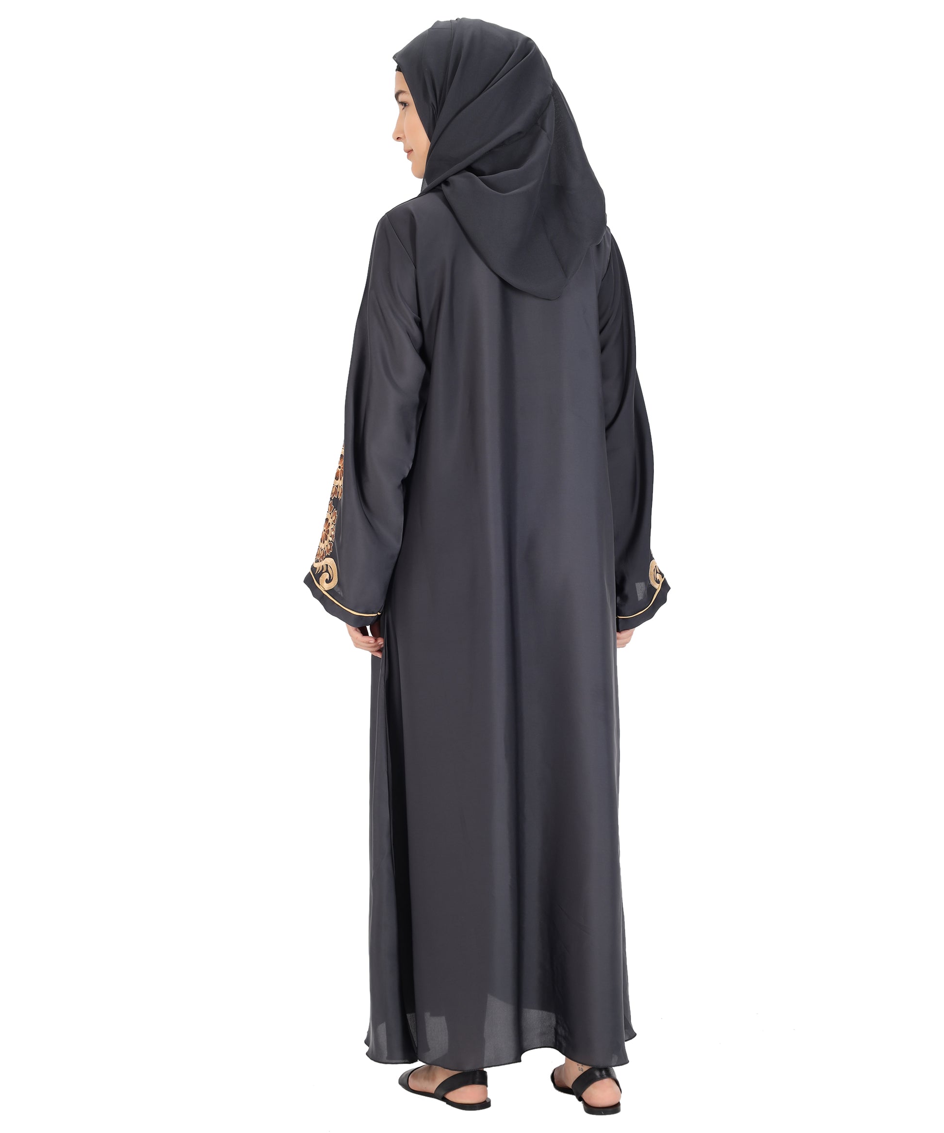 Beautiful Self Design Grey Art Silk Abaya With Hijab_0827