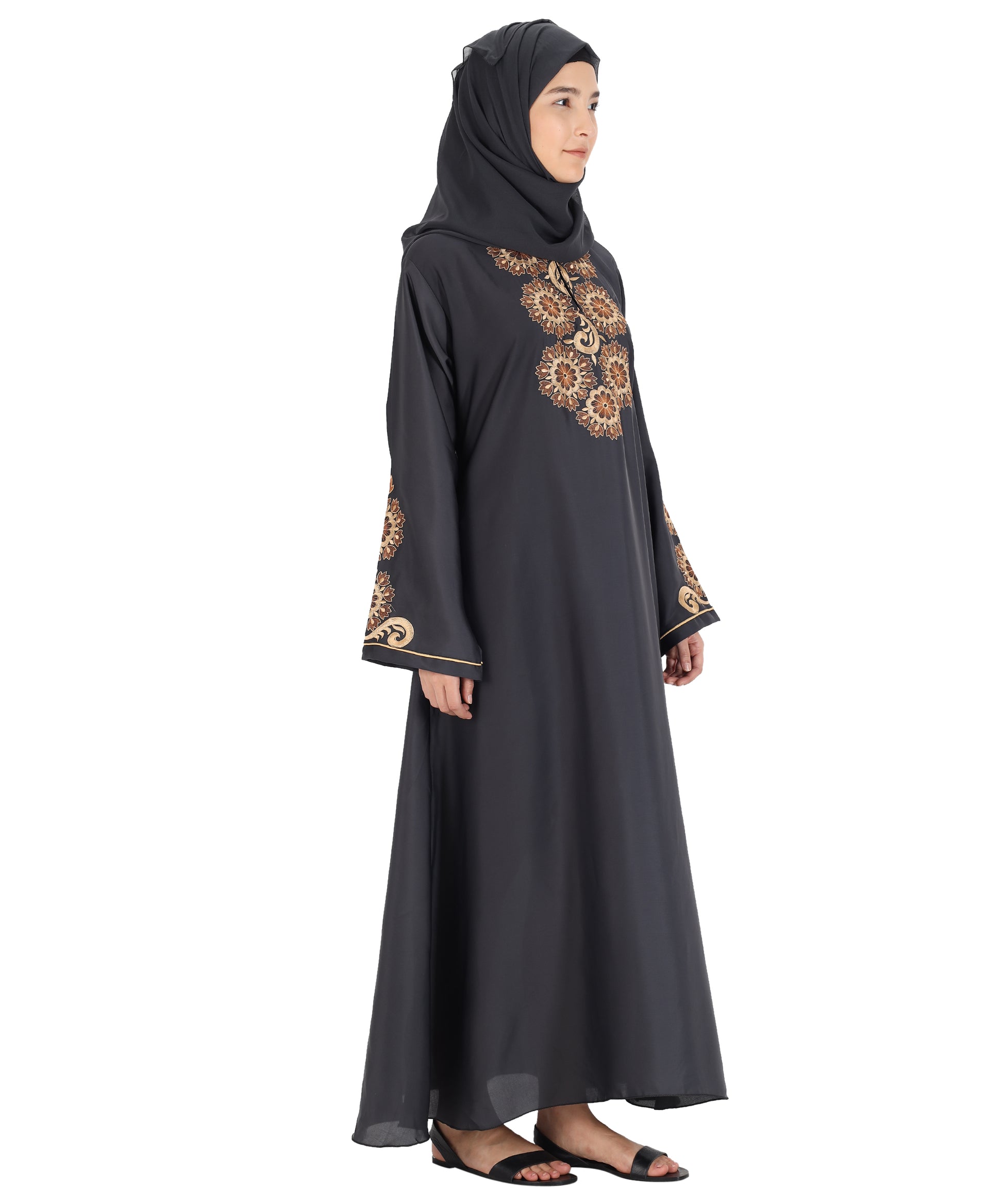 Beautiful Self Design Grey Art Silk Abaya With Hijab_0827