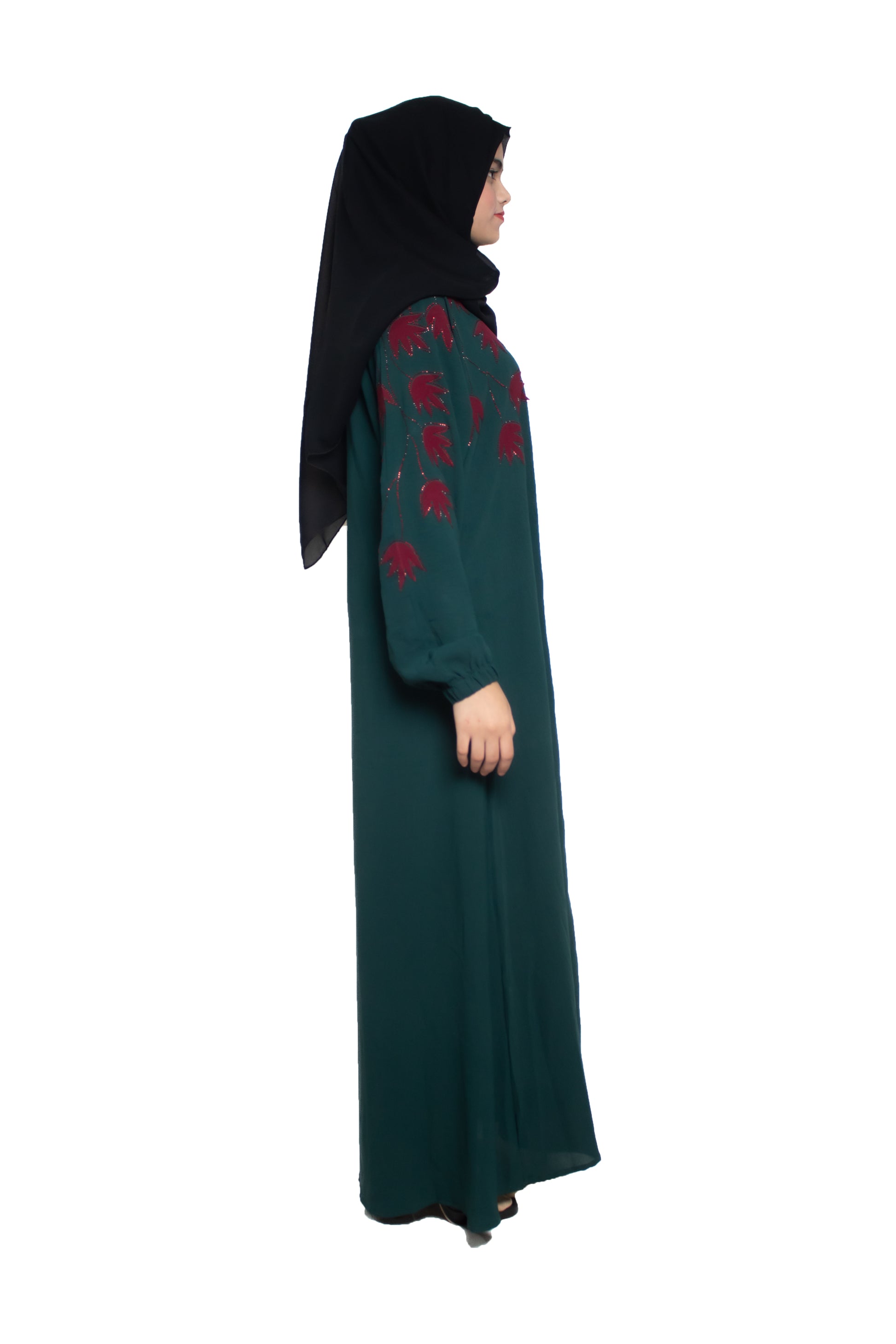 Modest City Selff Design Ramagreen With Red Leaf Abaya or Burqa With Hijab for Women & Girls-Series Laiba