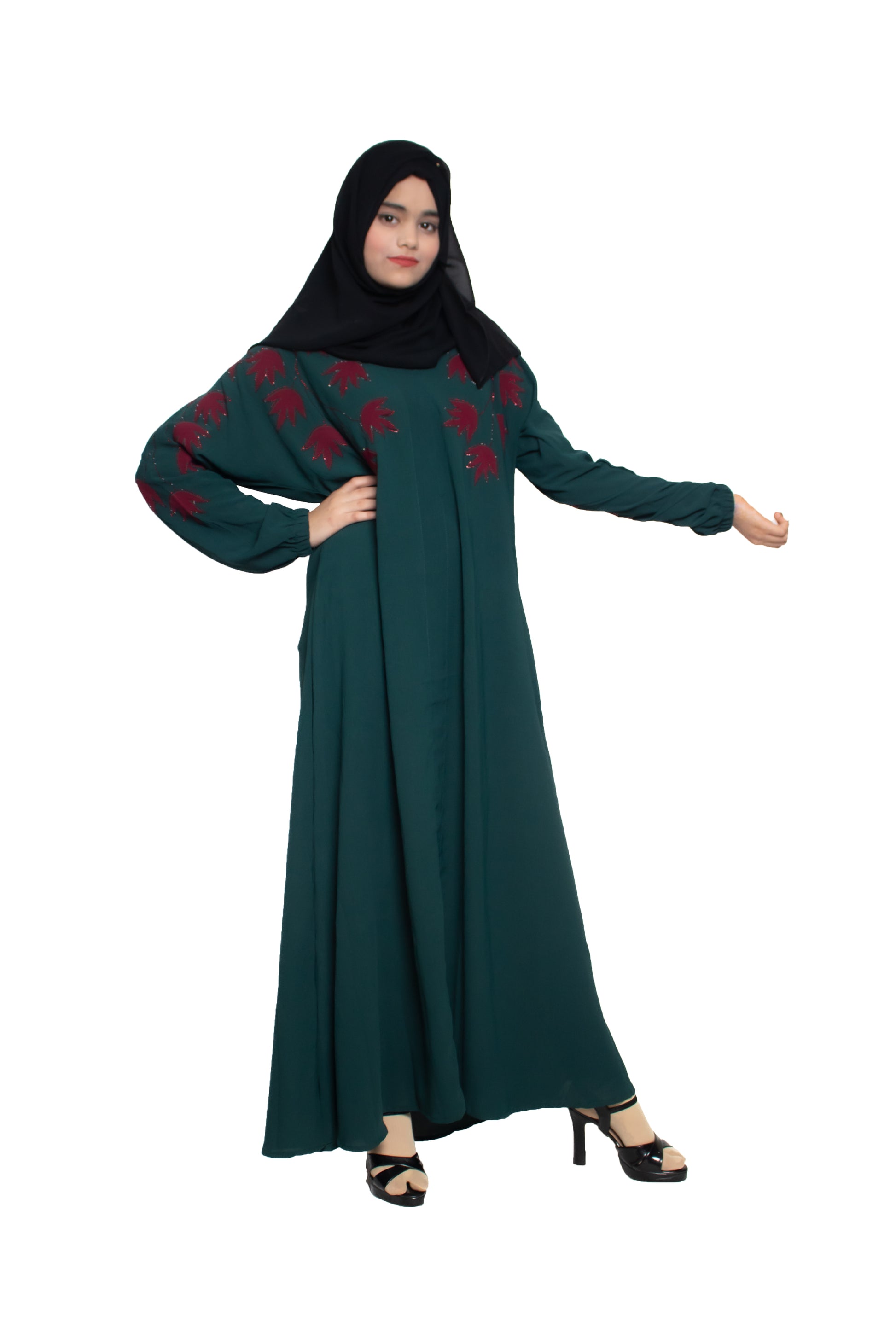 Modest City Selff Design Ramagreen With Red Leaf Abaya or Burqa With Hijab for Women & Girls-Series Laiba