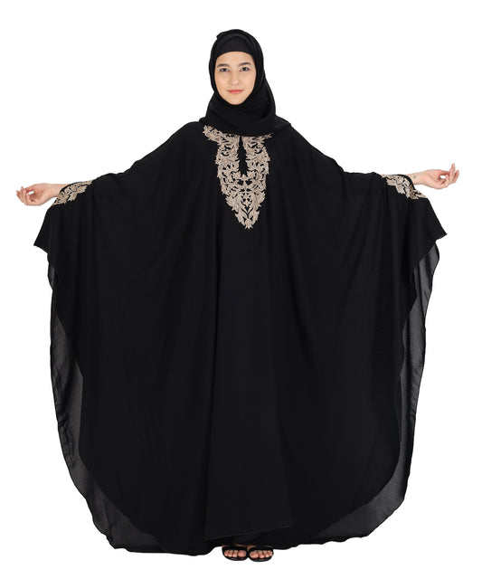 Beautiful Self Design Black Crepe Abaya With Hijab_0833