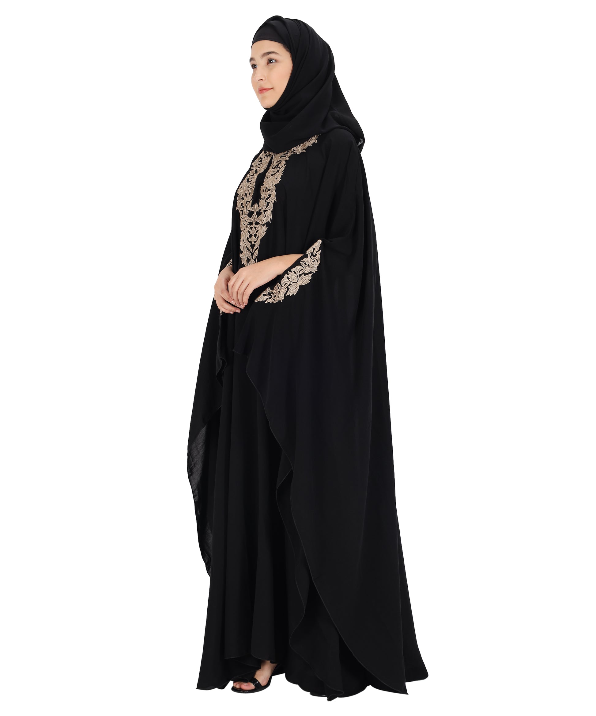 Beautiful Self Design Black Crepe Abaya With Hijab_0833
