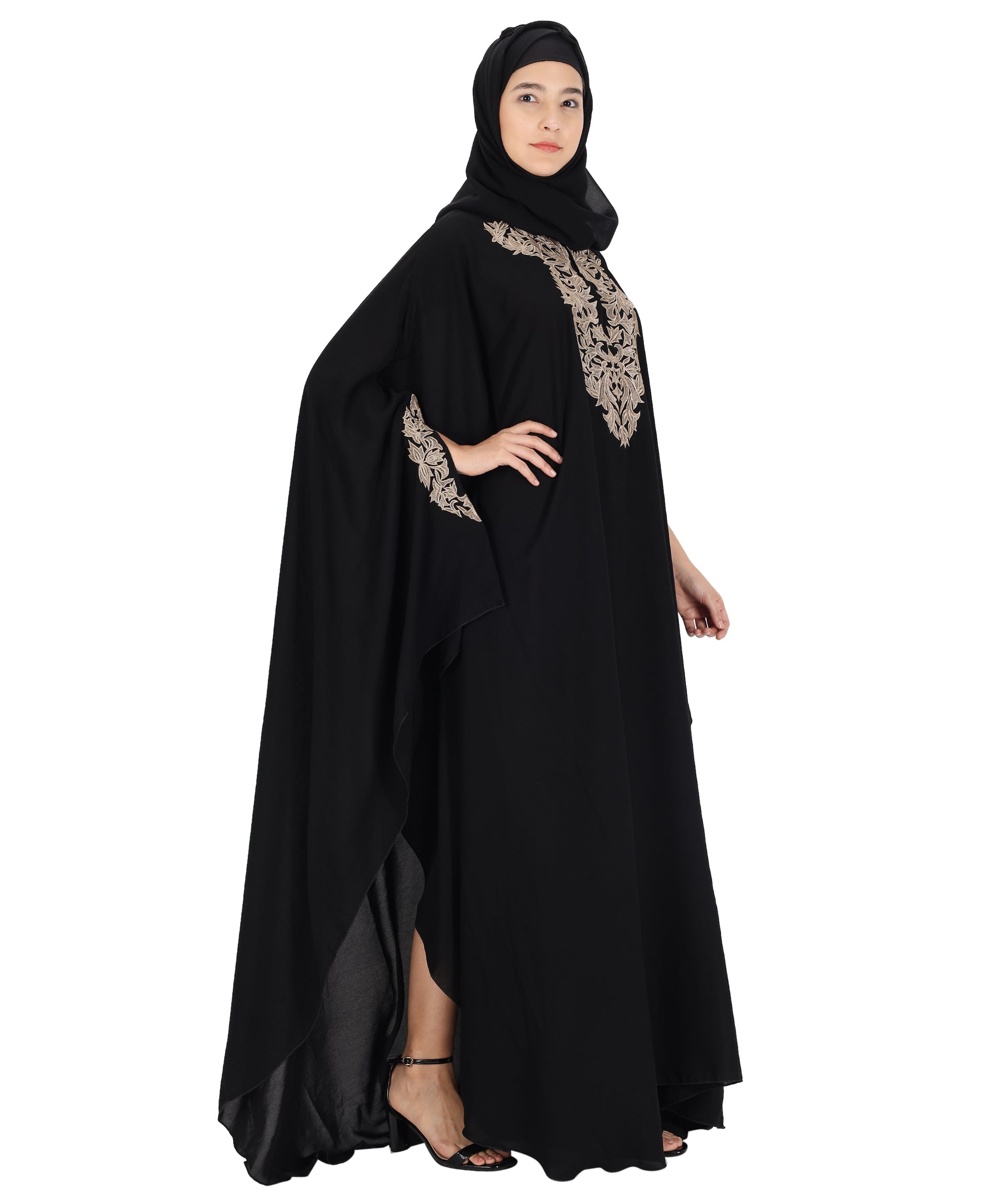Beautiful Self Design Black Crepe Abaya With Hijab_0833