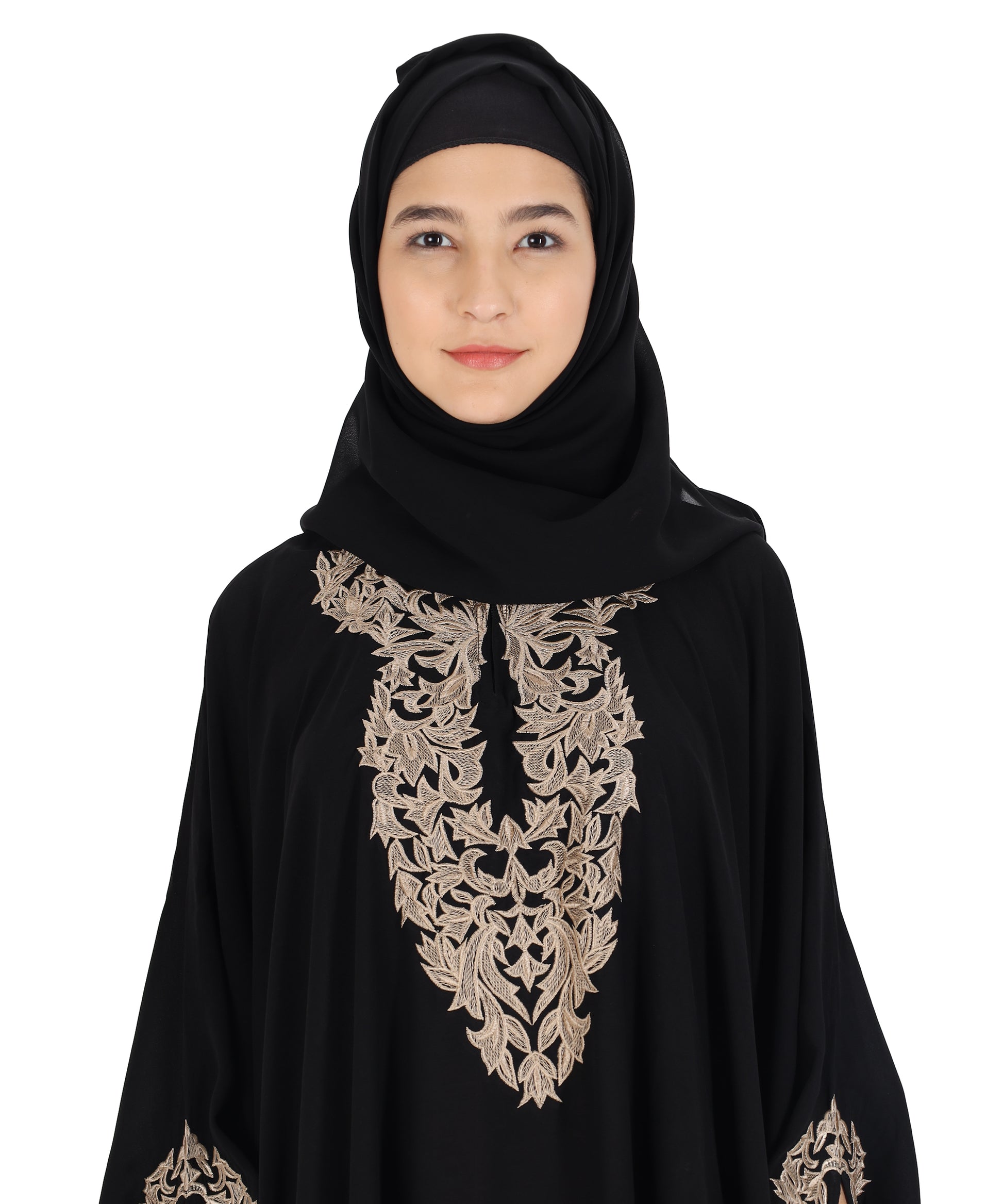 Beautiful Self Design Black Crepe Abaya With Hijab_0833
