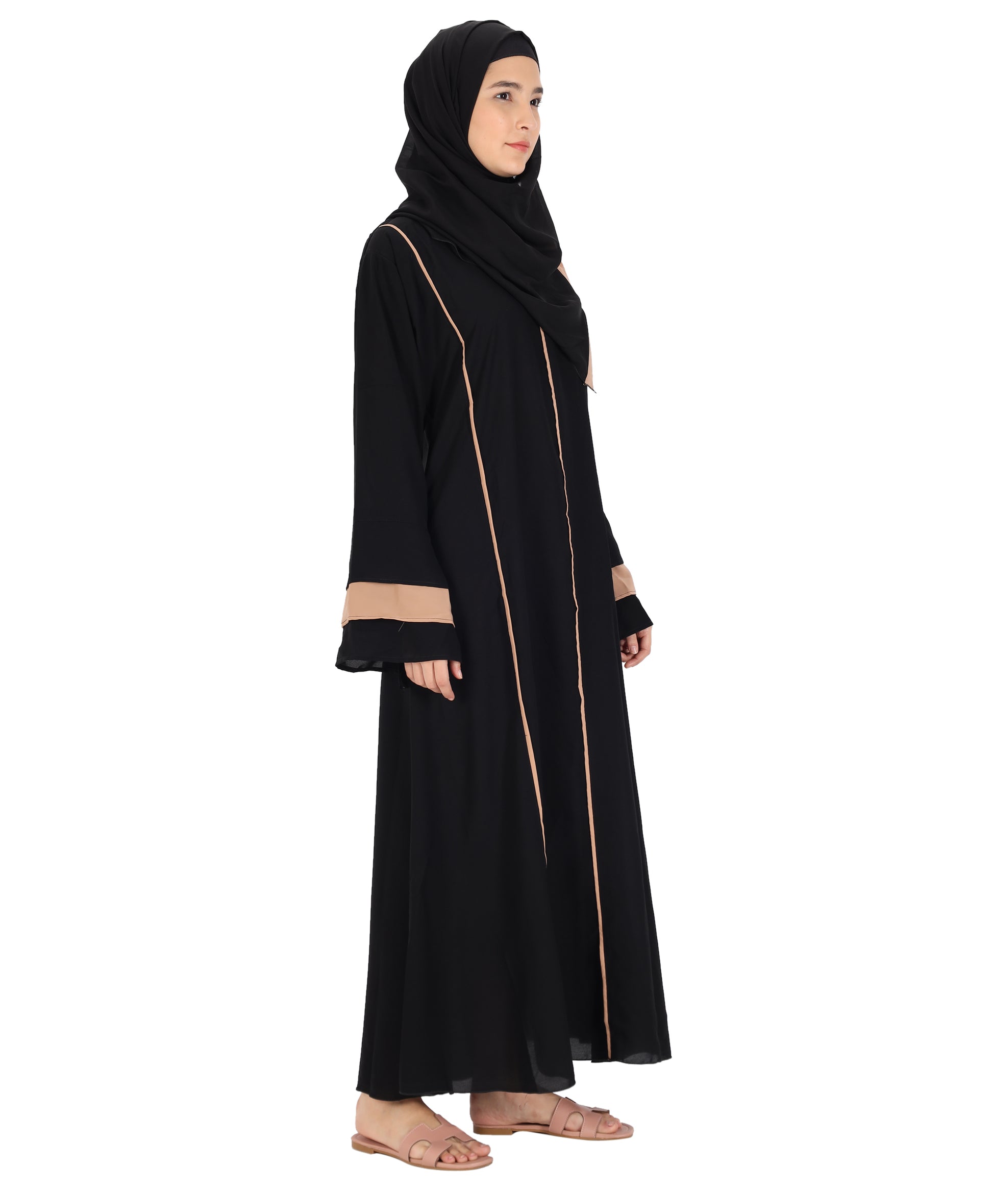 Beautiful Self Design Black Crepe Abaya With Hijab_0836