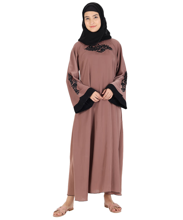 Beautiful Self Design Beige Art Silk Abaya With Hijab_0837