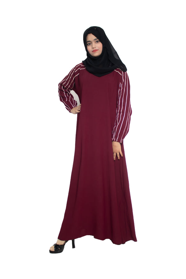 Modest City Self Design Maroon With White Sleeves Stripes Abaya or Burqa for Women & Girls-Series Laiba