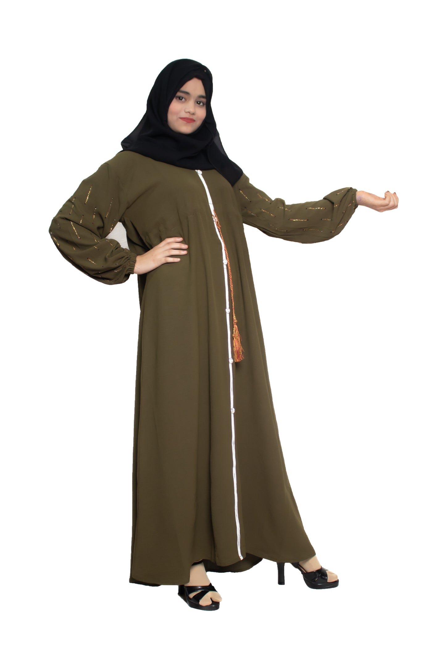 Modest City Self Design Mehandi Front Button With Ribbon Abaya or Burqa for Women & Girls-Series Laiba