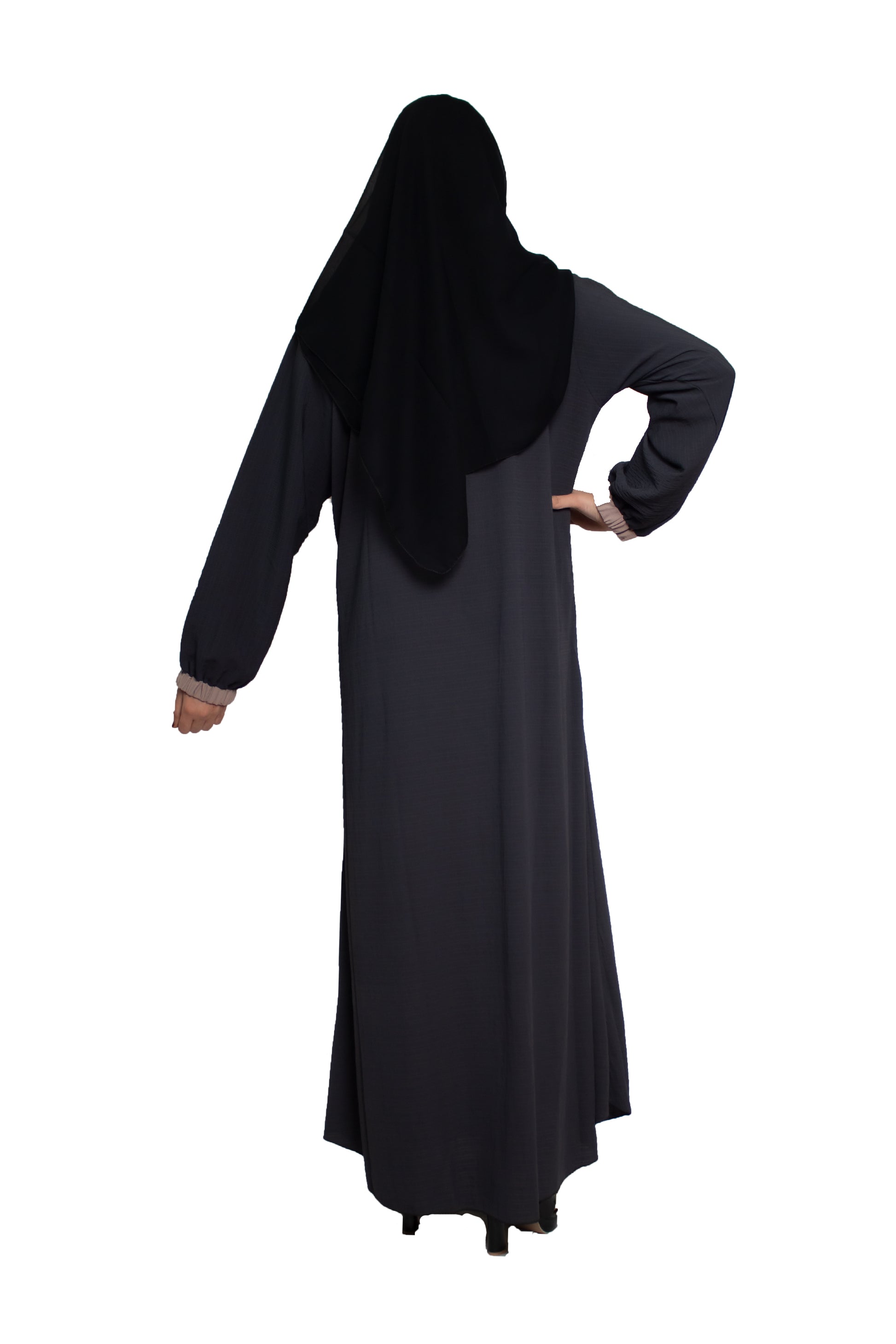 Modest City Self Design Dark Grey Plain Front Button Abaya or Burqa With Hijab for Women & Girls-Series Laiba