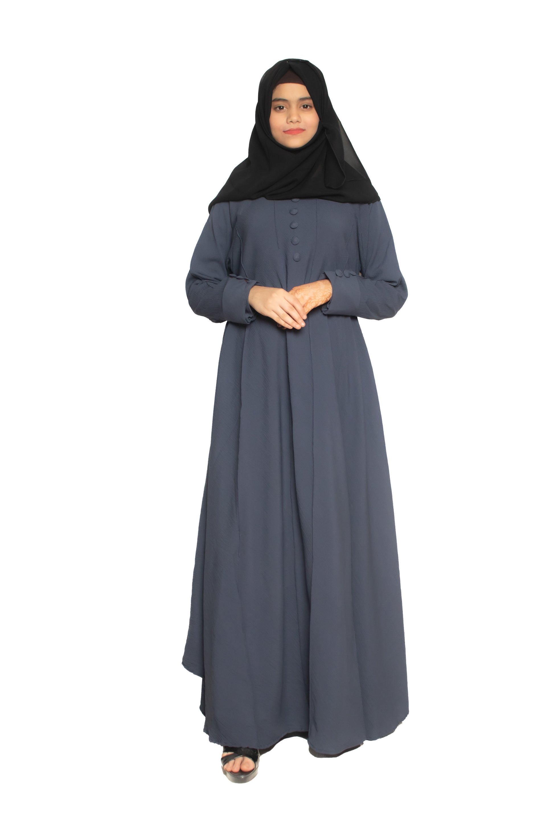 Modest City Self Design Plain Bottle Grey Front 4 Button Abaya or Burqa With Hijab for Women & Girls - Series Laiba