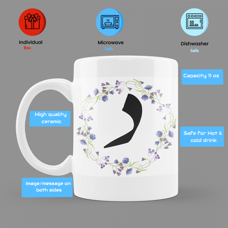 Modest City Beautiful 'Arabic Alphabet' Printed White Ceramic Coffee Mug (008)
