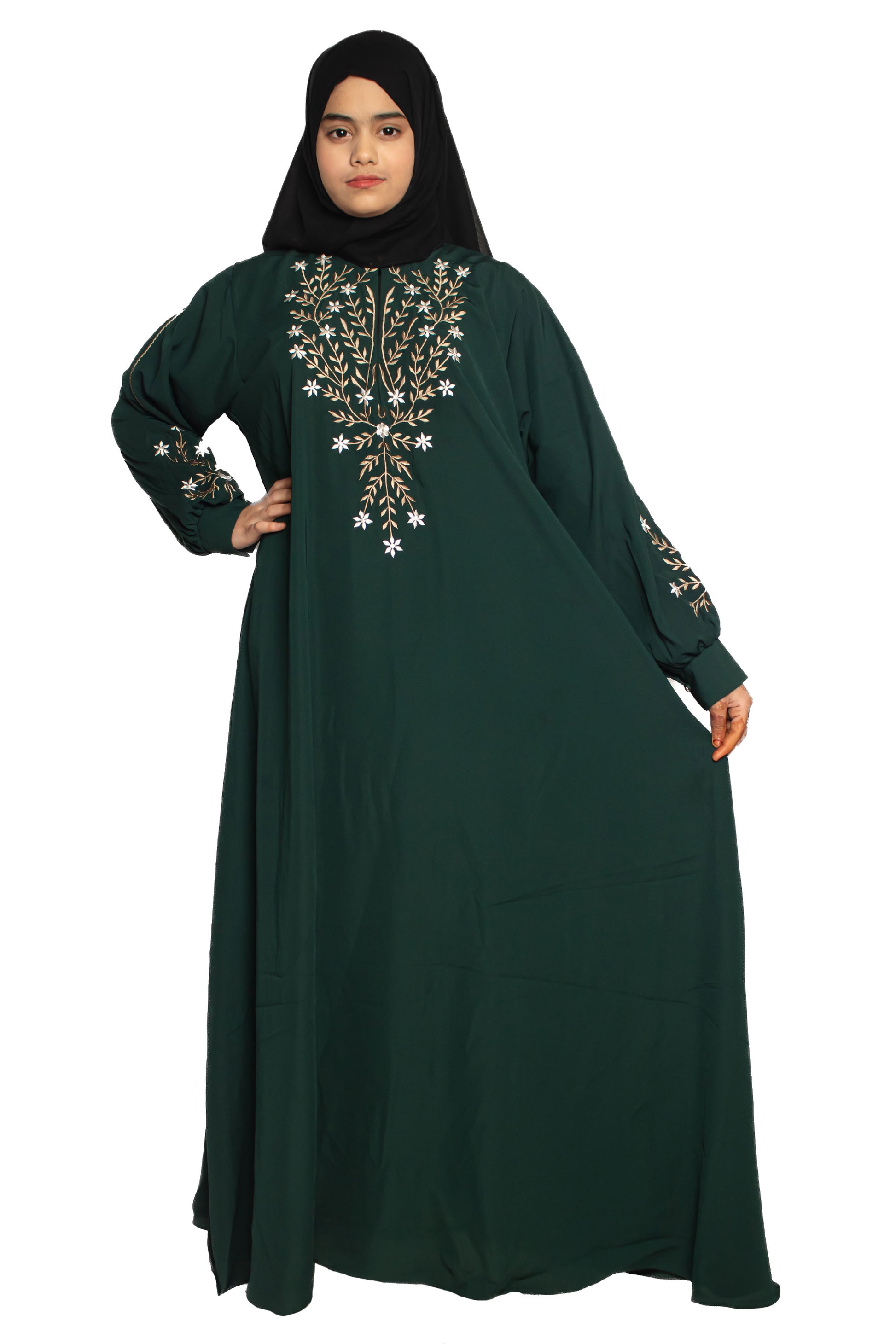 Modest City Beautiful Self Design Gala Embroidery Crepe Fabric Green Abaya or Burqa With Hijab for Women & Girls Series Laiba