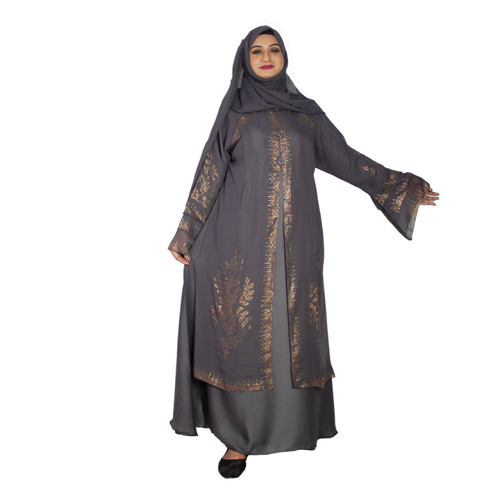 Beautiful Grey Stone Work Art Silk Abaya With Hijab
