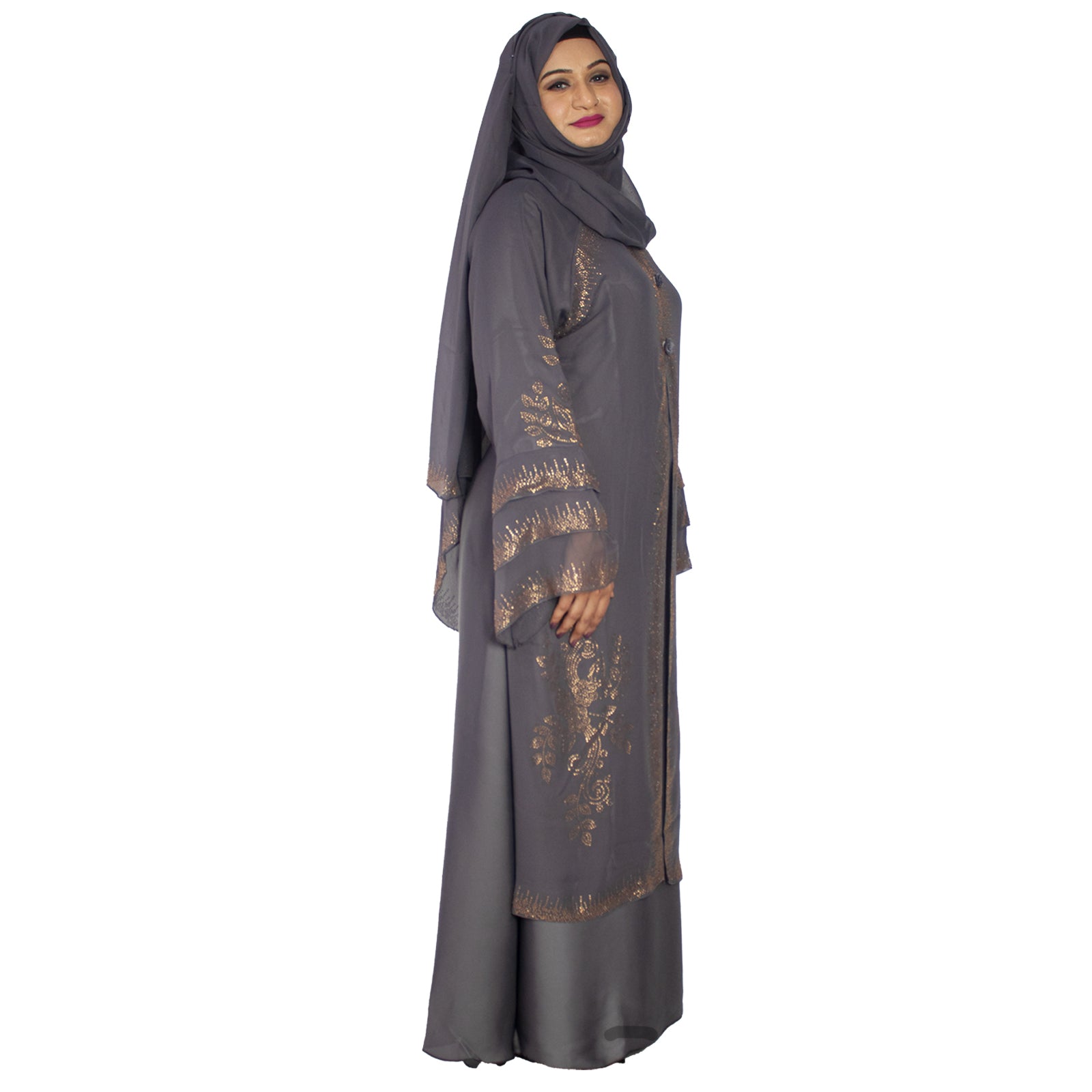 Beautiful Grey Stone Work Art Silk Abaya With Hijab_0937