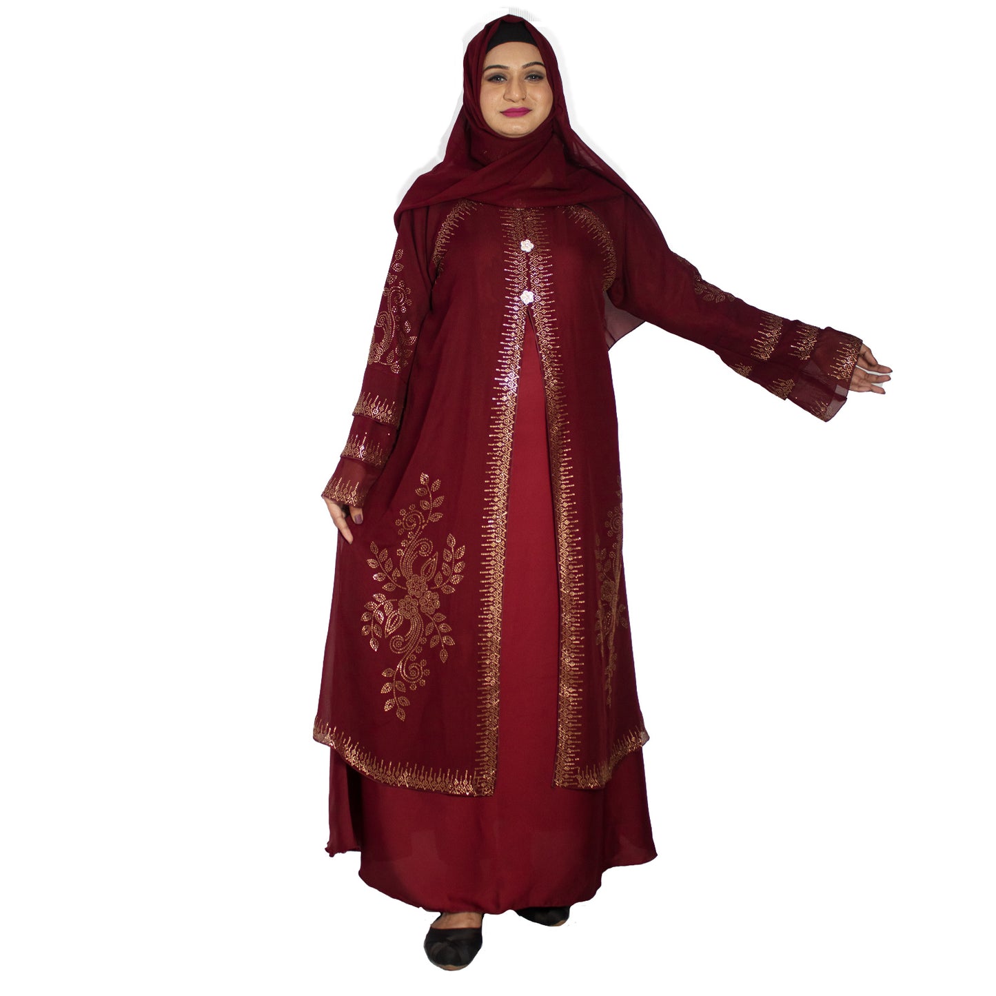 Beautiful Maroon Stone Work Art Silk Abaya With Hijab