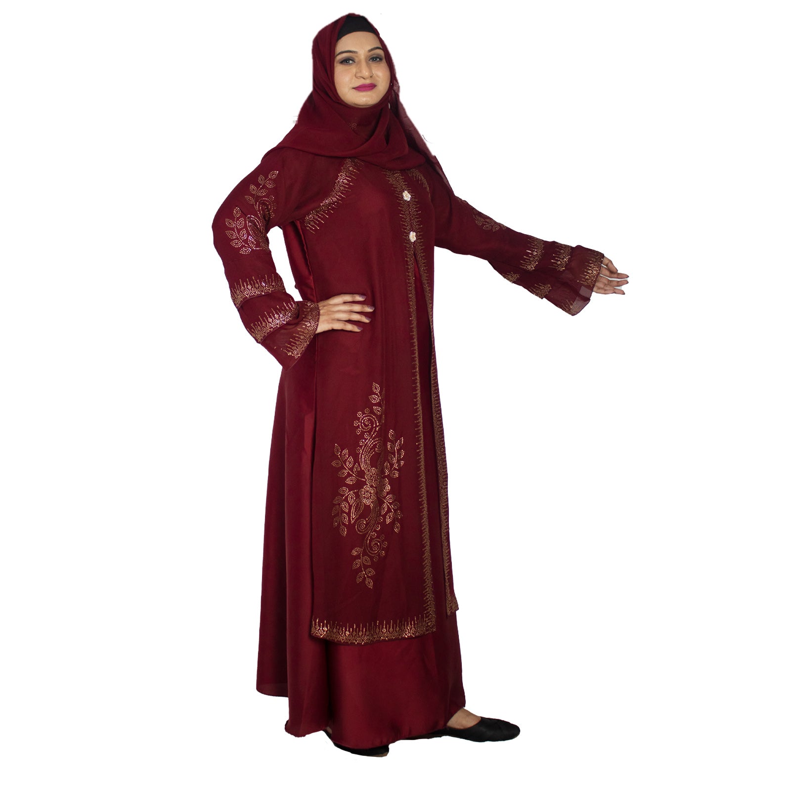 Beautiful Maroon Stone Work Art Silk Abaya With Hijab_0938