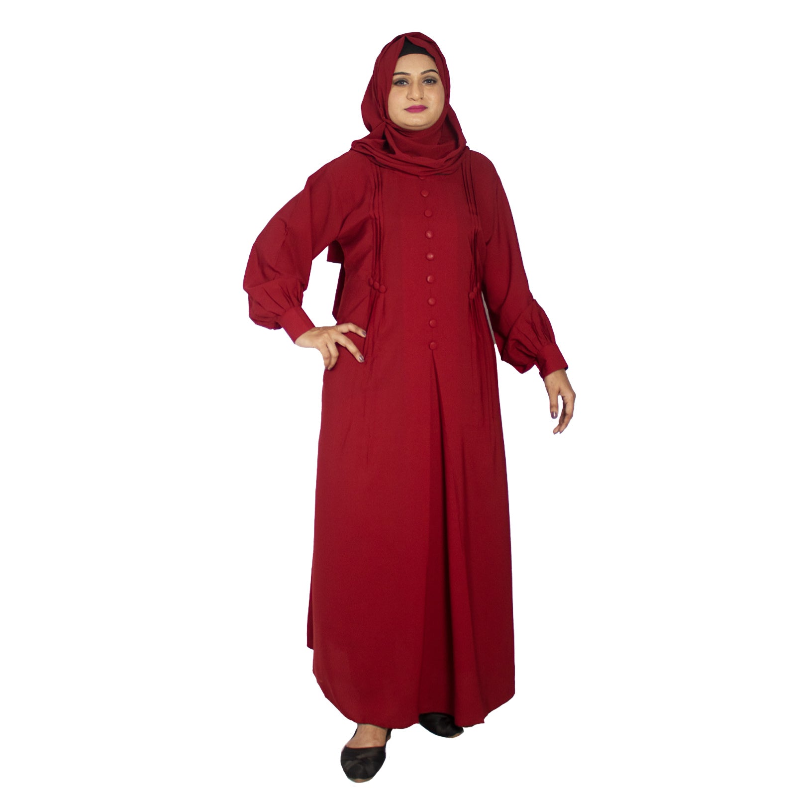 Beautiful Self Design Maroon Button Crepe Abaya With Hijab_0940