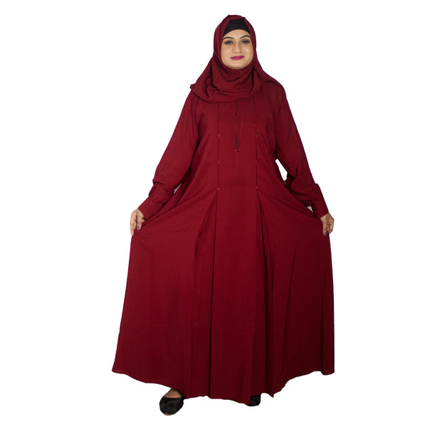 Beautiful Self Design Maroon Button Crepe Abaya With Hijab_0942
