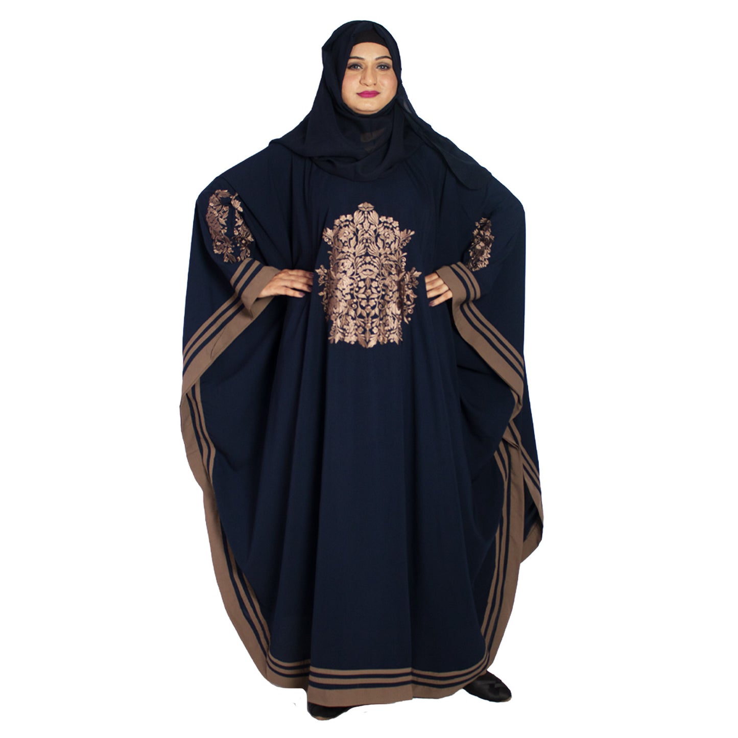 Beautiful Self Design Blue Embroidered Kaftan Crepe Abaya With Hijab_0955