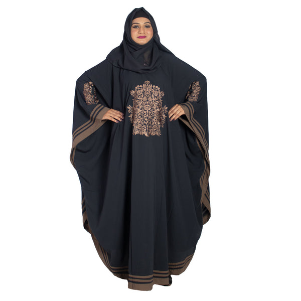 Beautiful Self Design Grey Embroidered Kaftan Crepe Abaya With Hijab_0956