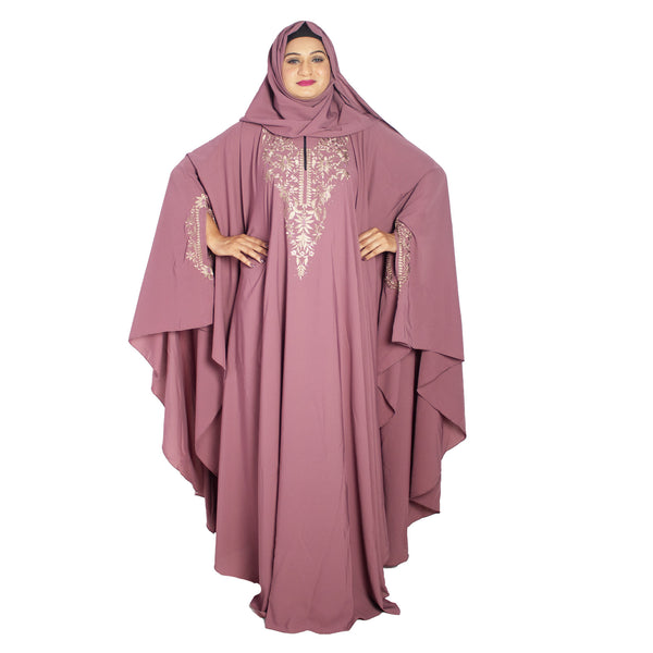 Beautiful Self Design Pink Embroidered Kaftan Crepe Abaya With Hijab_0957