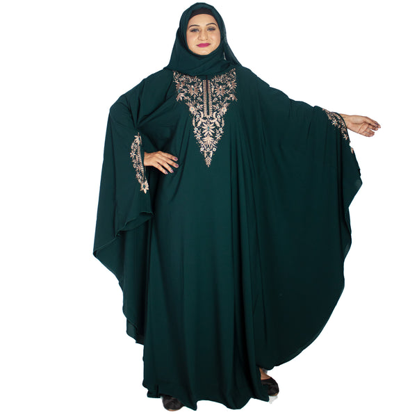 Beautiful Self Design Green Embroidered Kaftan Crepe Abaya With Hijab_0958