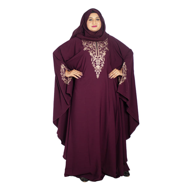 Beautiful Self Design Purple Embroidered Kaftan Crepe Abaya With Hijab_0959