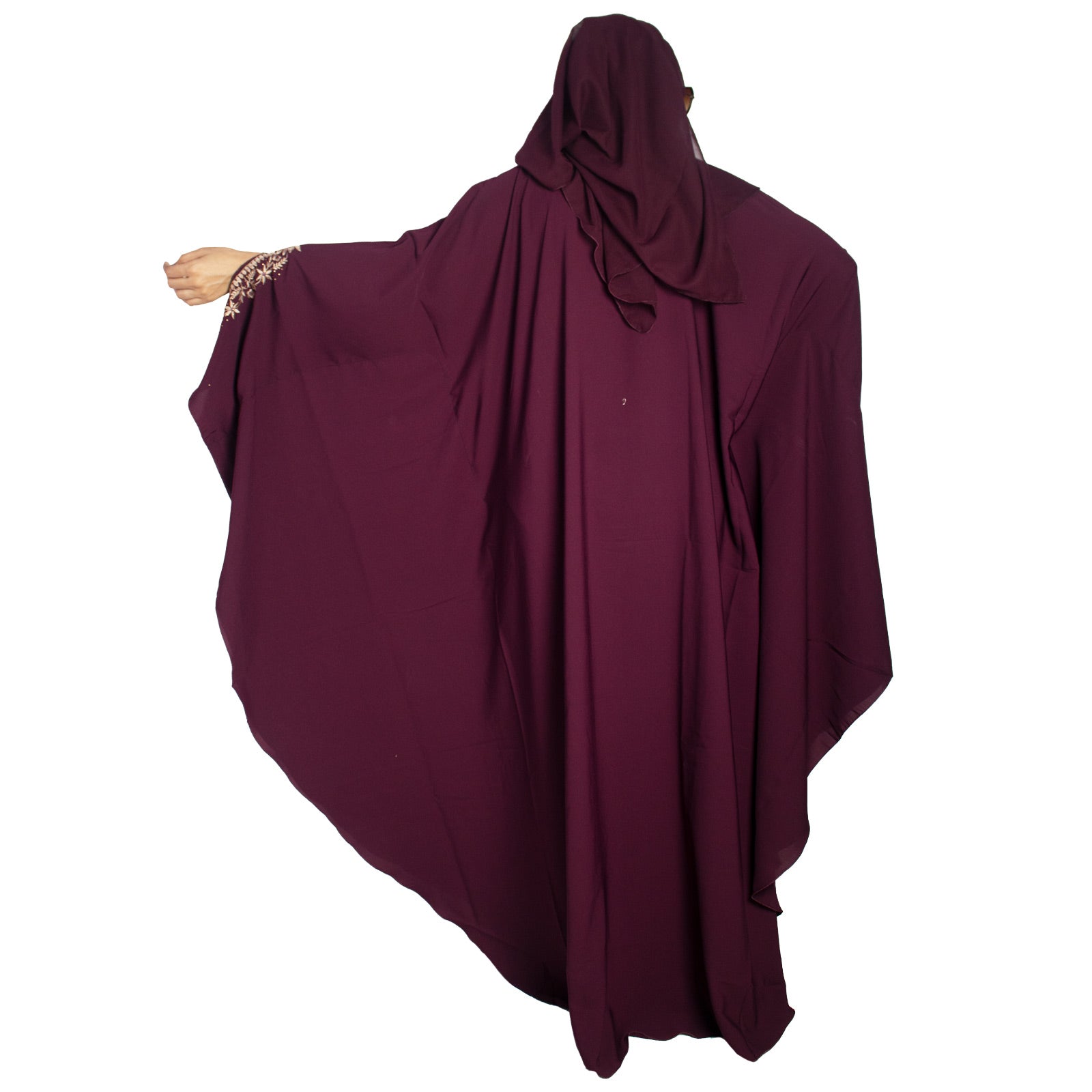 Beautiful Self Design Purple Embroidered Kaftan Crepe Abaya With Hijab_0959