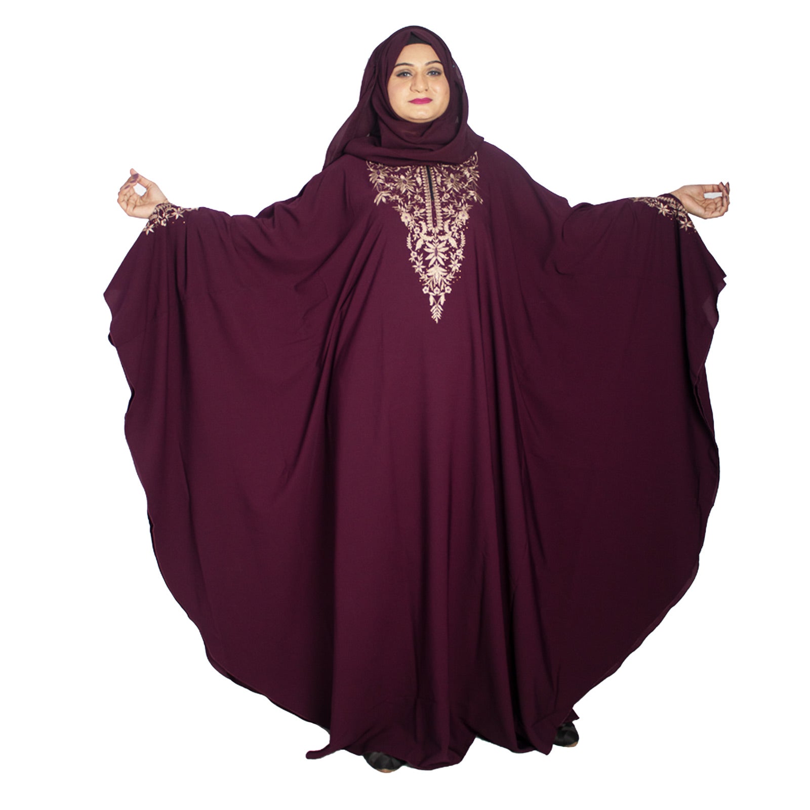 Beautiful Self Design Purple Embroidered Kaftan Crepe Abaya With Hijab_0959