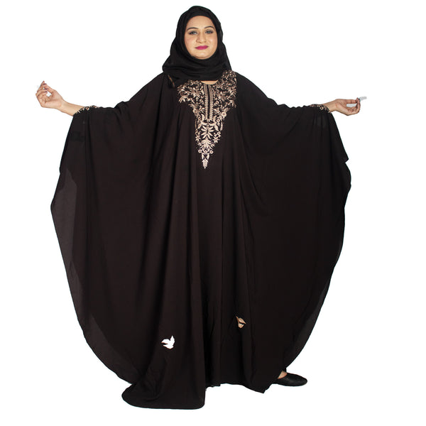Beautiful Self Design Brown Embroidered Kaftan Crepe Abaya With Hijab_0960
