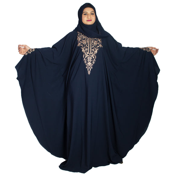 Beautiful Self Design Blue Embroidered Kaftan Crepe Abaya With Hijab_0961