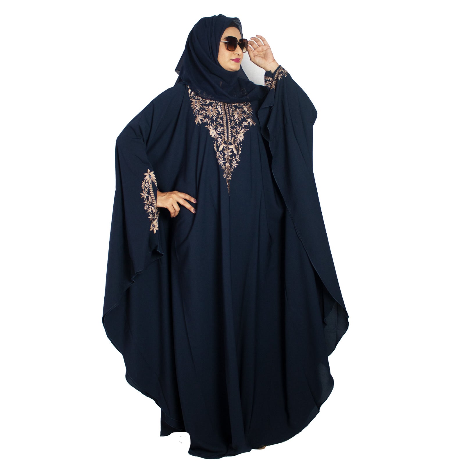 Beautiful Self Design Blue Embroidered Kaftan Crepe Abaya With Hijab_0961