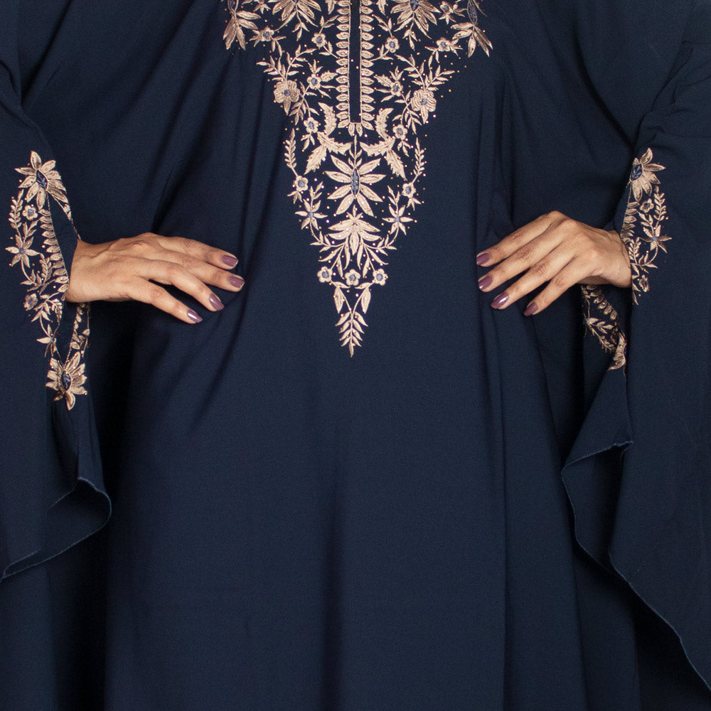 Beautiful Self Design Blue Embroidered Kaftan Crepe Abaya With Hijab_0961