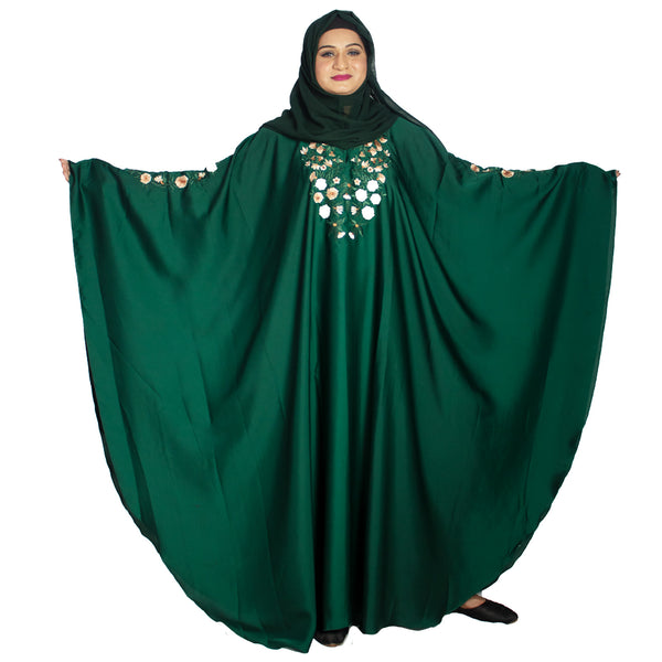 Beautiful Self Design Green Kaftan Art Silk Abaya With Hijab_0967