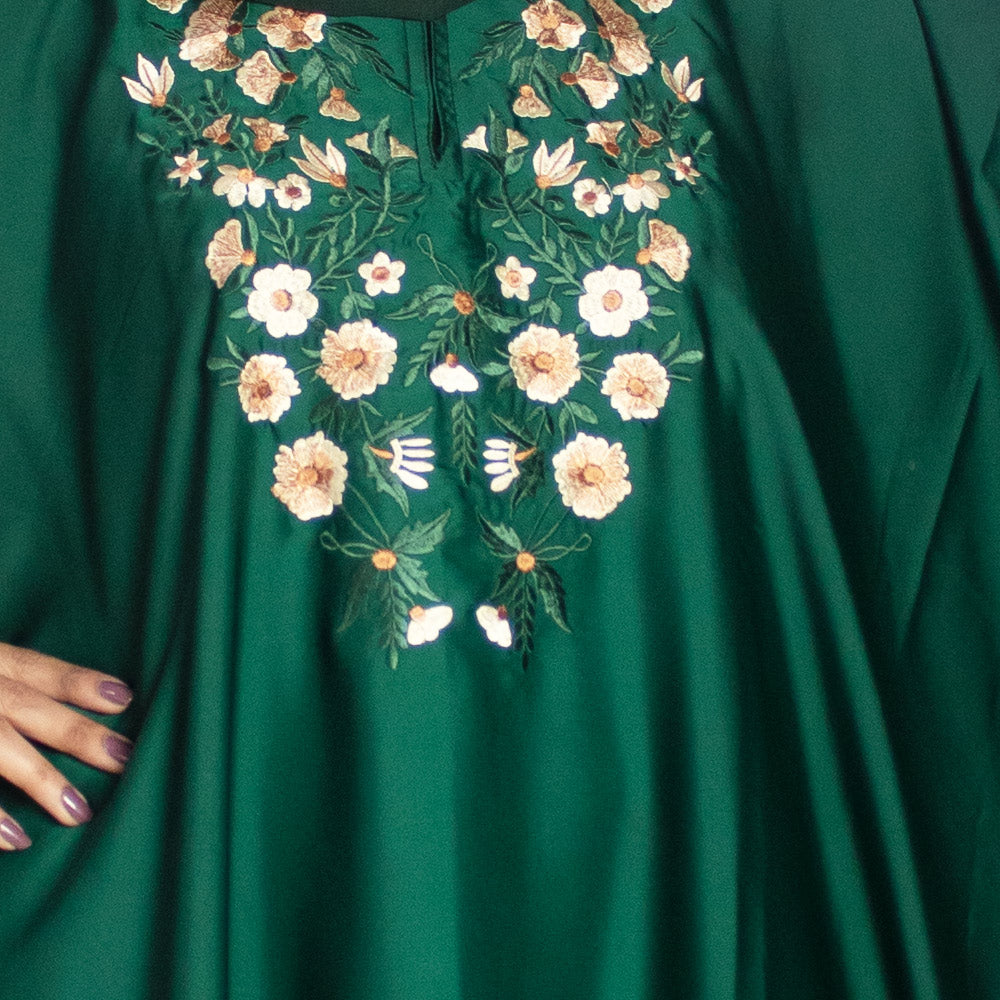 Beautiful Self Design Green Kaftan Art Silk Abaya With Hijab_0967