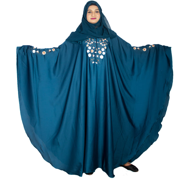 Beautiful Self Design Cyan Kaftan Art Silk Abaya With Hijab_0968