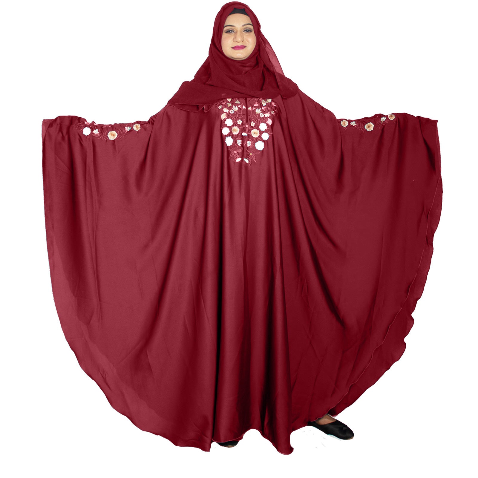 Beautiful Self Design Maroon Kaftan Art Silk Abaya With Hijab_0969