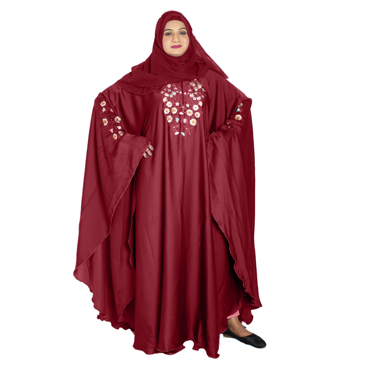 Beautiful Self Design Maroon Kaftan Art Silk Abaya With Hijab_0969