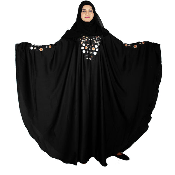 Beautiful Self Design Black Kaftan Art Silk Abaya With Hijab_0971