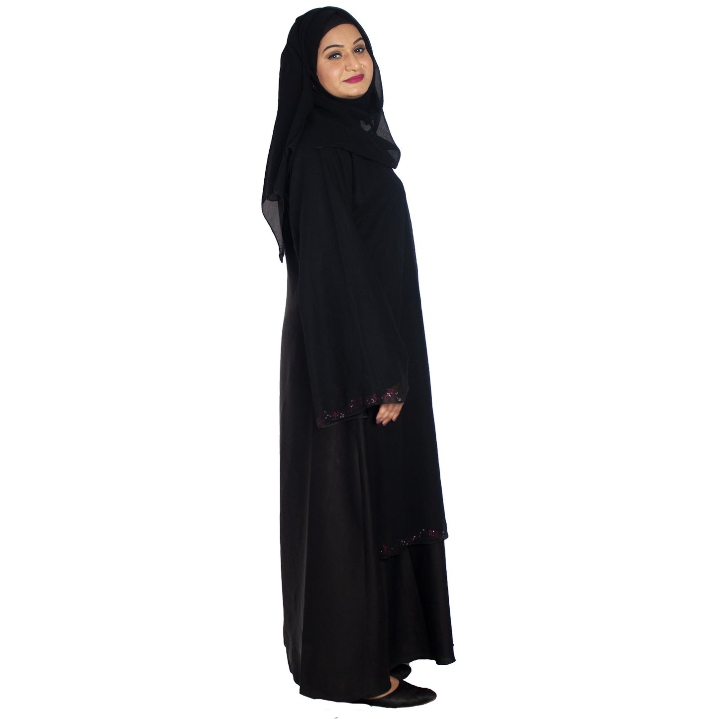 Beautiful Self Design Black Side Nag Work Art Silk Abaya With Hijab_0972