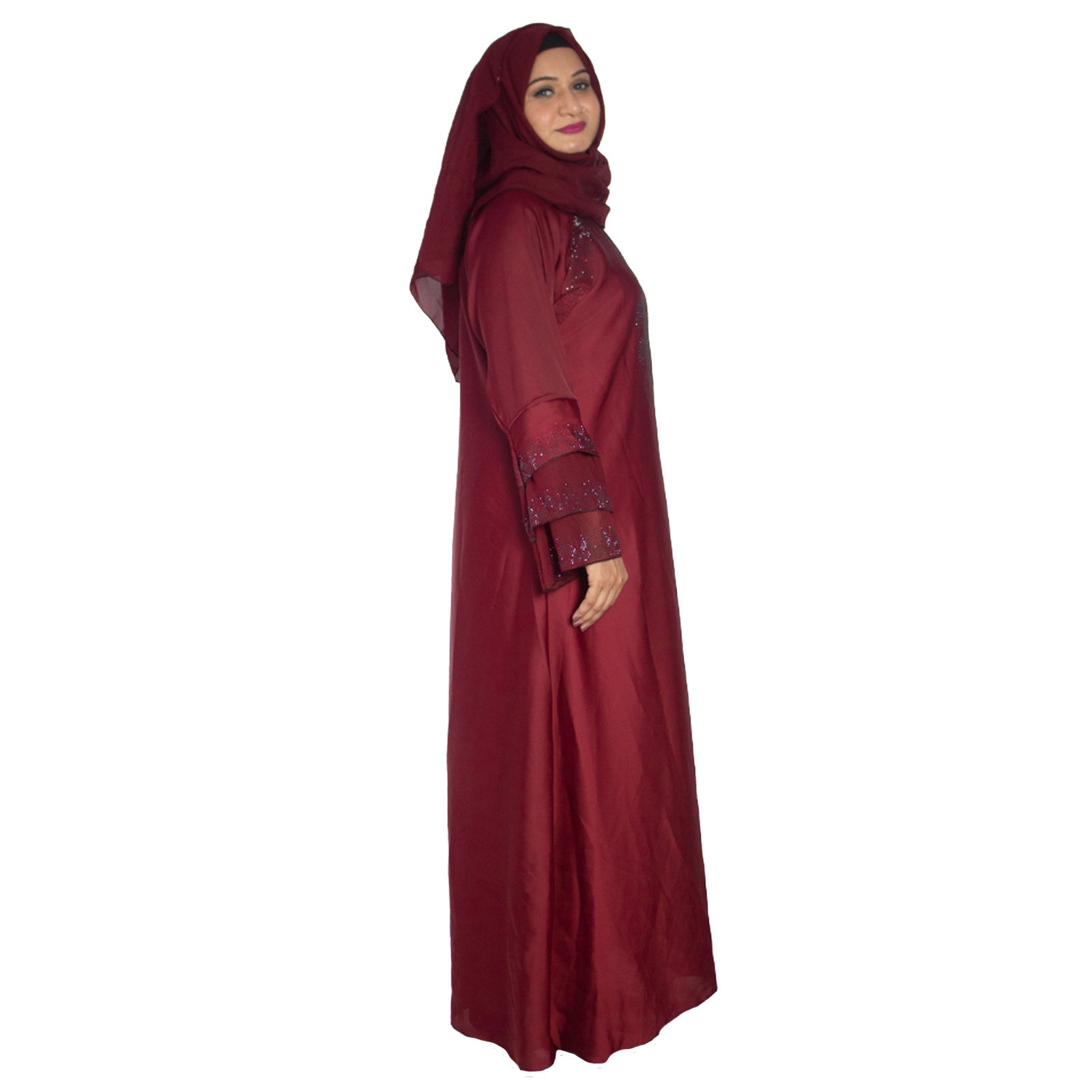 Beautiful Self Design Maroon Frill Nag Work Art Silk Abaya With Hijab_0977